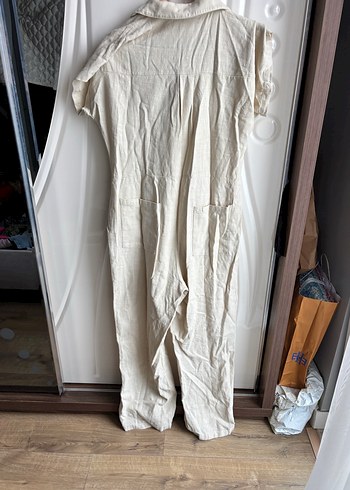 Bej Keten Midi Kadın Tulum - Görsel 2