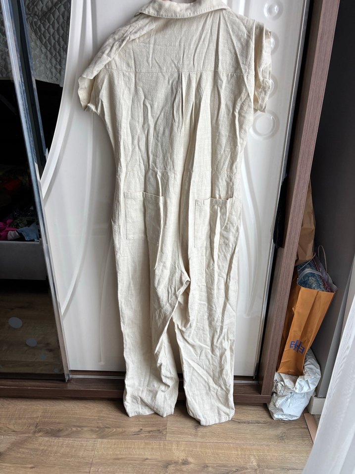 Bej Keten Midi Kadın Tulum - Görsel 2