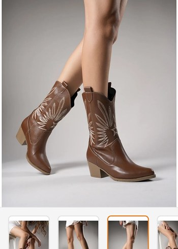 Kahverengi Nakışlı Kadın Deri Diz Altı Botu - Görsel 3