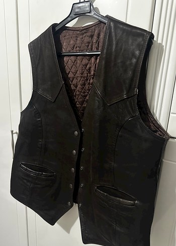 Çıtçıtlı Kahverengi Deri Biker Yelek - Görsel 3