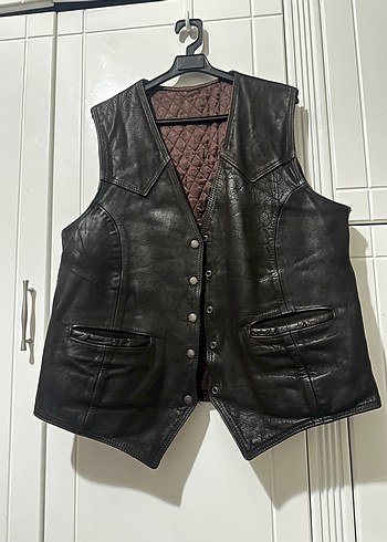 Çıtçıtlı Kahverengi Deri Biker Yelek - Görsel 2