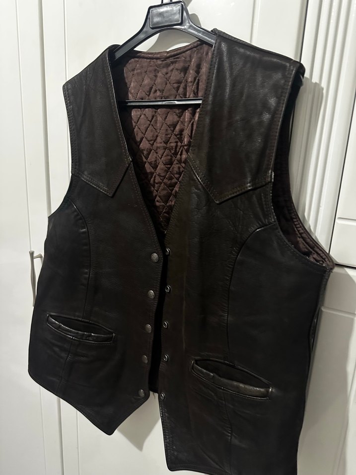 Çıtçıtlı Kahverengi Deri Biker Yelek - Görsel 3