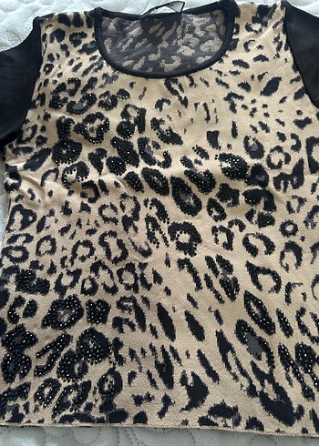 Leopar Desenli Kısa Kollu triko  Bluz - Görsel 6
