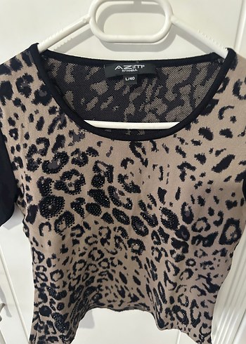 Leopar Desenli Kısa Kollu triko  Bluz - Görsel 2