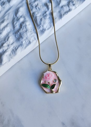 Pastel Pembe Çiçekli Midi Kolye çelik