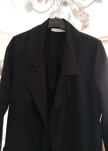 Kadın Siyah Uzun Keten Trençkot - Görsel 2