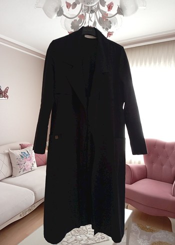 Kadın Siyah Uzun Keten Trençkot - Görsel 3