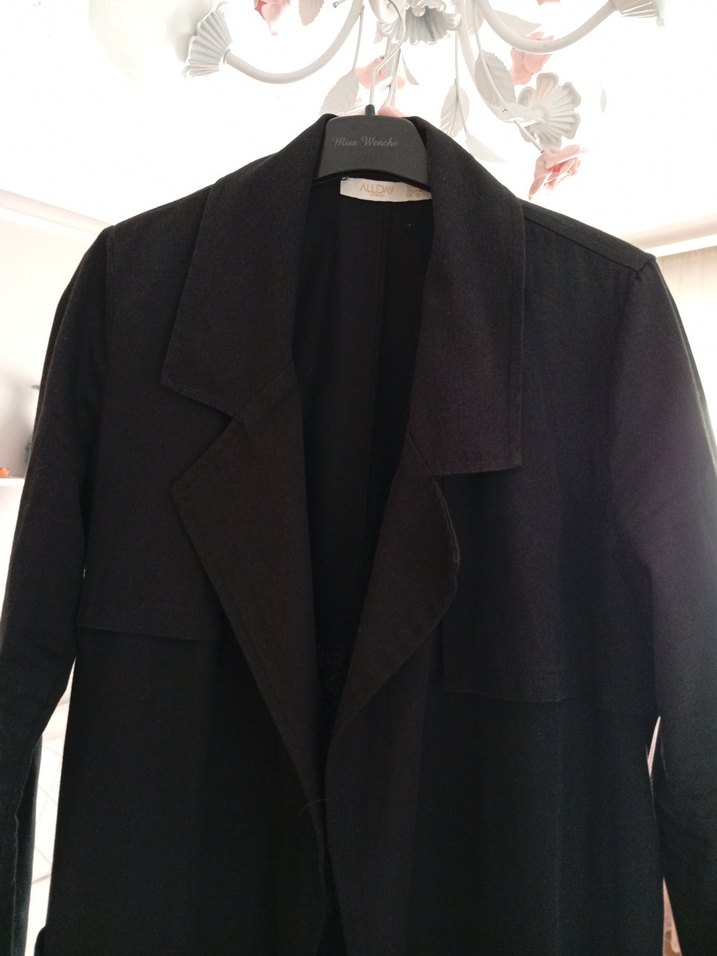 Kadın Siyah Uzun Keten Trençkot - Görsel 2