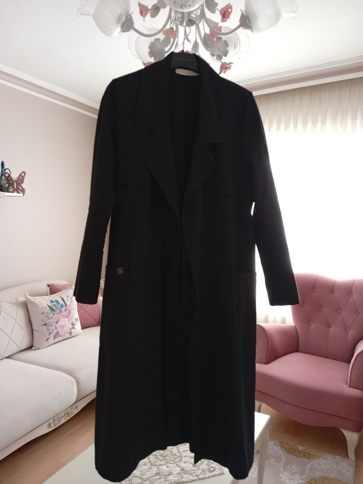 Kadın Siyah Uzun Keten Trençkot - Görsel 3