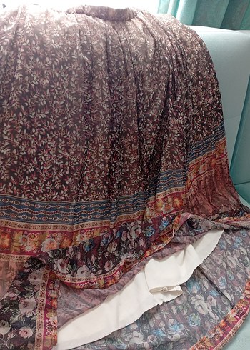 Bej Gri Bağlama Desenli Pilili Uzun Etek - Görsel 3