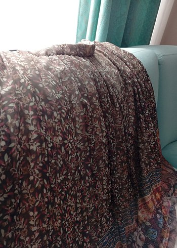 Bej Gri Bağlama Desenli Pilili Uzun Etek - Görsel 4