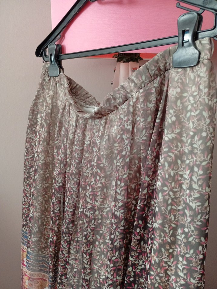 Bej Gri Bağlama Desenli Pilili Uzun Etek - Görsel 2