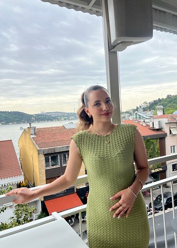 Yeşil Bohem gübür Detaylı Uzun Elbise