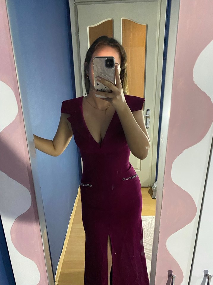 Bordo V Yaka Midi  Elbise - Görsel 5