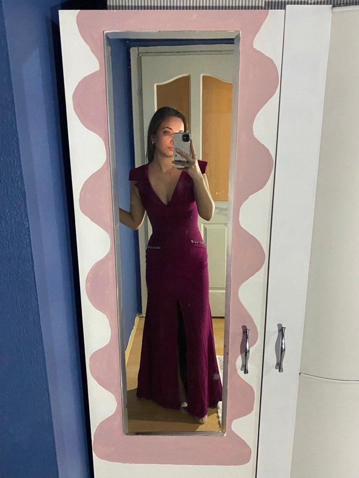 Bordo V Yaka Midi  Elbise - Görsel 2