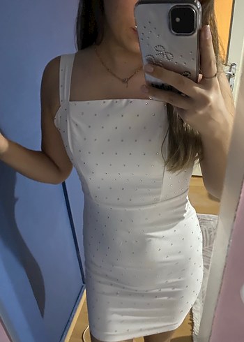 Beyaz, Askılı, Mini Elbise - Görsel 2