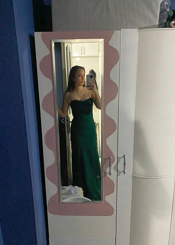 Sırtı Transparan Straplez Yeşil uzun Abiye - Görsel 8