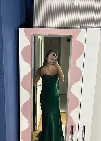 Sırtı Transparan Straplez Yeşil uzun Abiye - Görsel 3