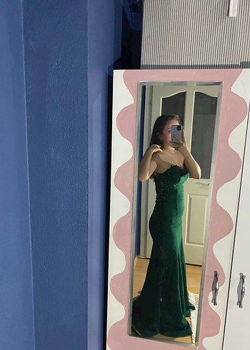 Sırtı Transparan Straplez Yeşil uzun Abiye - Görsel 4