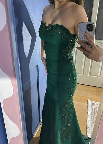 Sırtı Transparan Straplez Yeşil uzun Abiye - Görsel 7