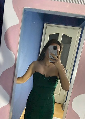 Sırtı Transparan Straplez Yeşil uzun Abiye - Görsel 5