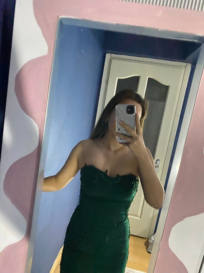 Sırtı Transparan Straplez Yeşil uzun Abiye - Görsel 5