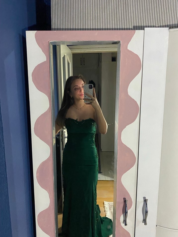 Sırtı Transparan Straplez Yeşil uzun Abiye - Görsel 2