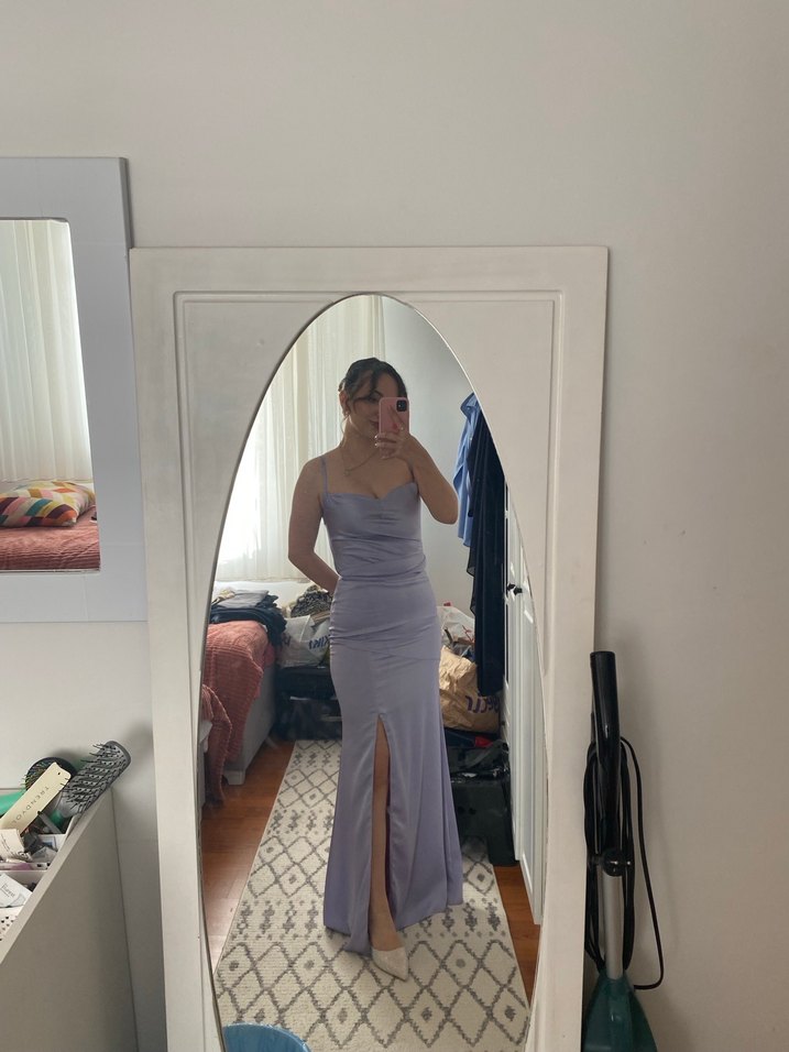 İnce askılı saten lila Renkli Uzun Abiye Elbise - Görsel 5