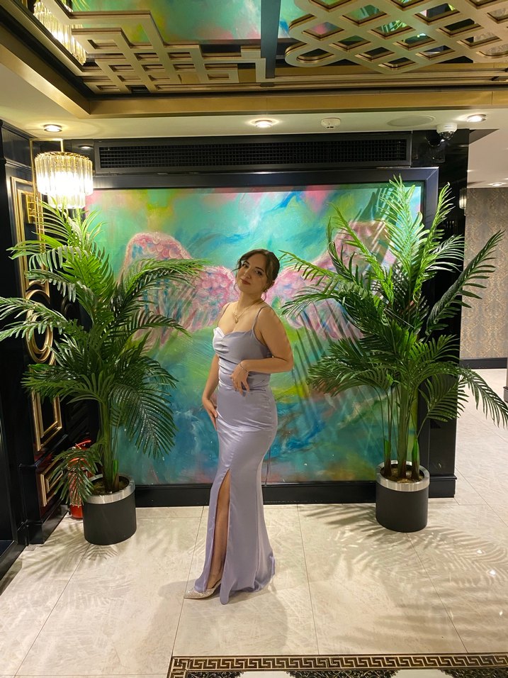 İnce askılı saten lila Renkli Uzun Abiye Elbise - Görsel 4