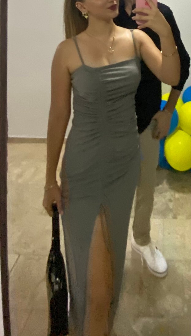 Gri Drapeli Uzun Kadın Kalem Elbise - Görsel 3