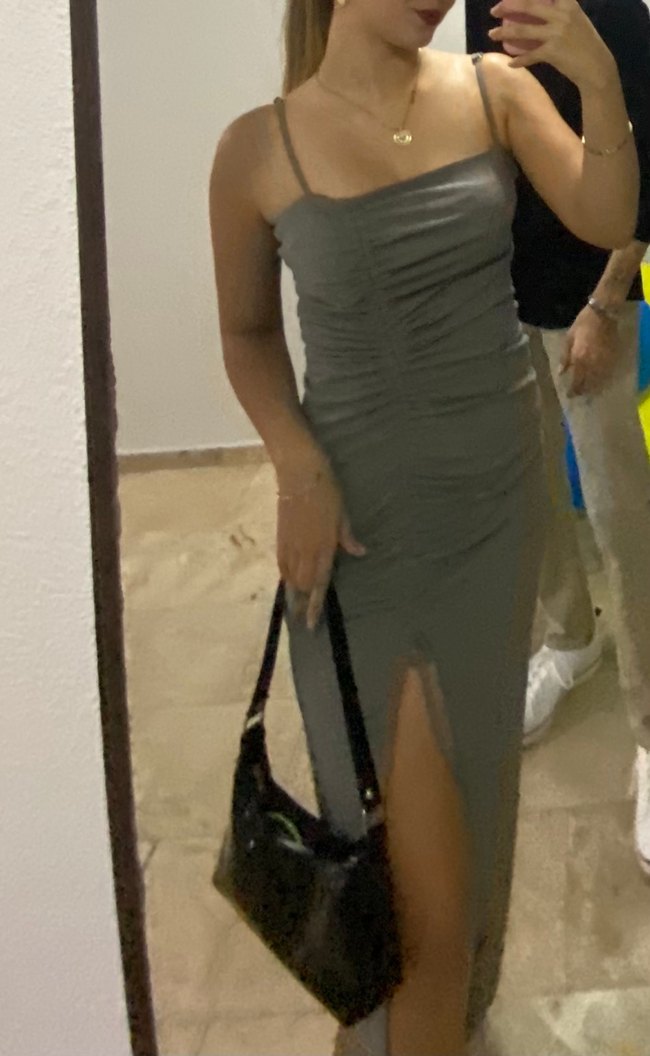 Gri Drapeli Uzun Kadın Kalem Elbise - Görsel 2