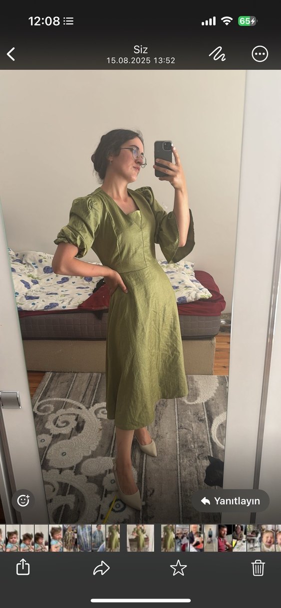 Kadın Haki Midi Keten Elbise - Görsel 2