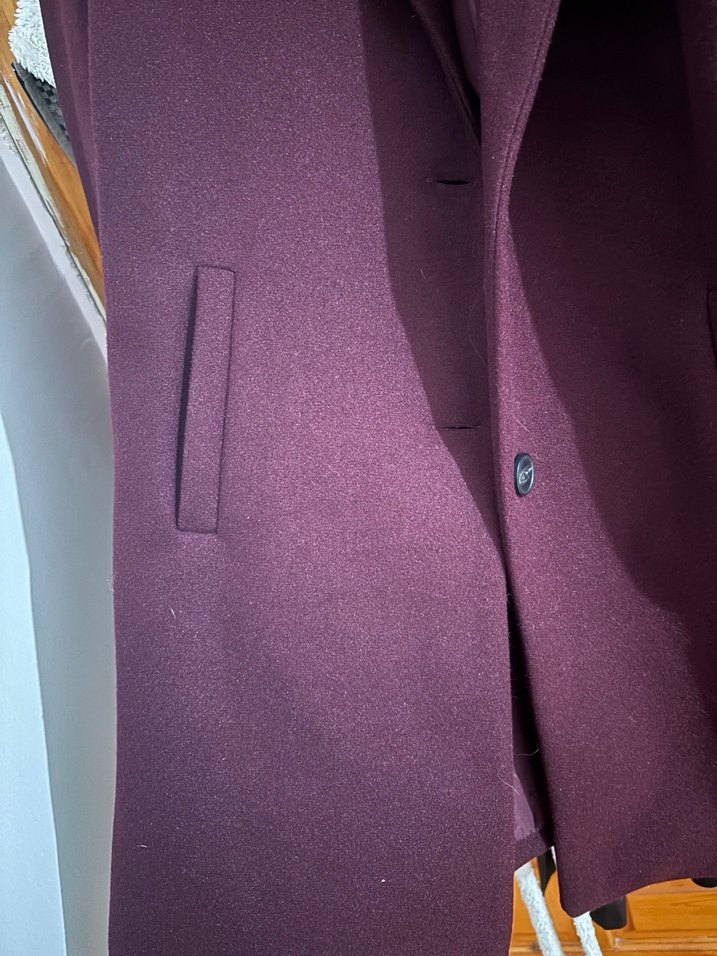 Bordo Midi Yün Düğmeli Klasik Kaban - Görsel 4