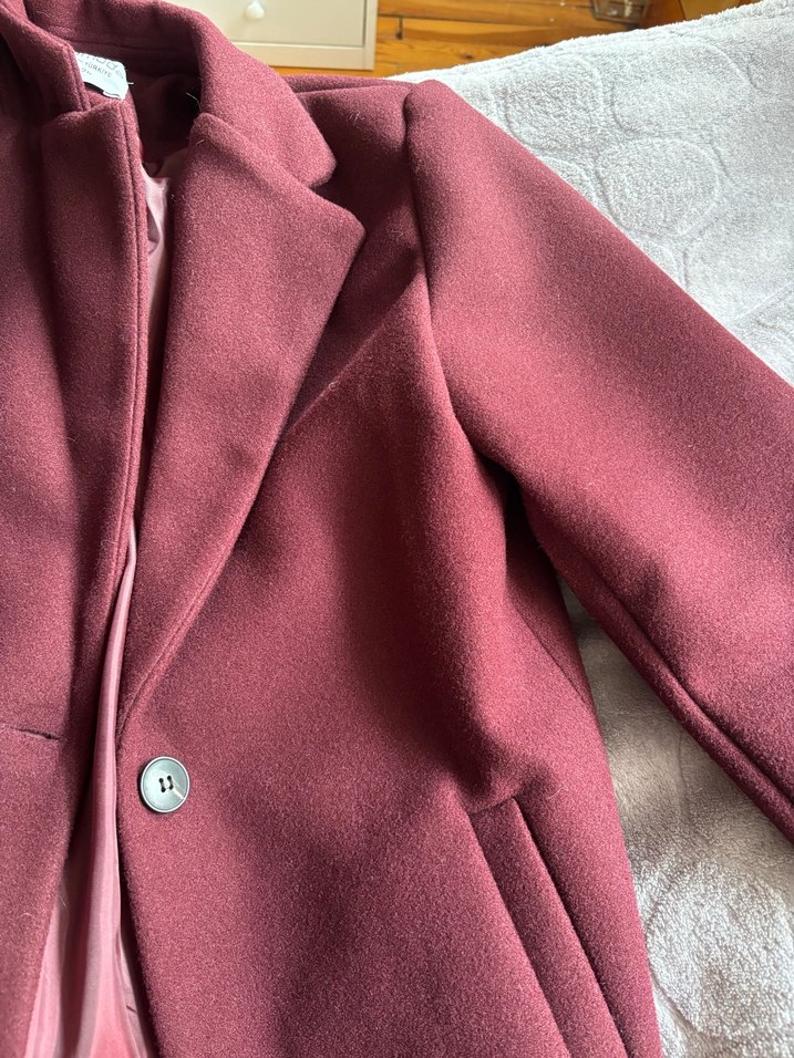 Bordo Midi Yün Düğmeli Klasik Kaban - Görsel 3