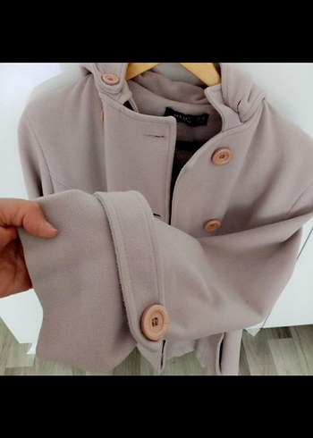 Kapüşonlu düğmeli tatlı pudra renk kaban - Görsel 4