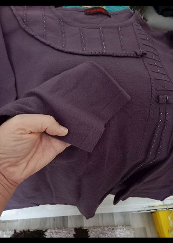 Düğmeli Mor Kadın Triko Bluz - Görsel 4