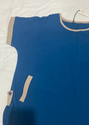 Lacivert Kısa Kollu Kadın Keten Tişört - Görsel 2