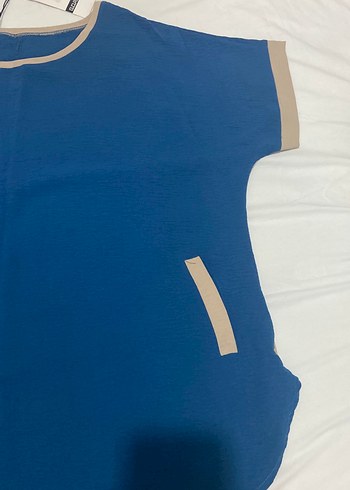 Lacivert Kısa Kollu Kadın Keten Tişört - Görsel 3