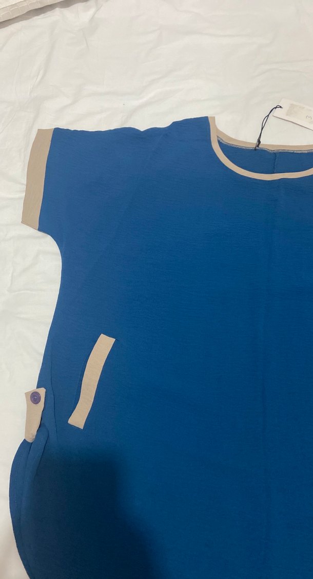 Lacivert Kısa Kollu Kadın Keten Tişört - Görsel 2