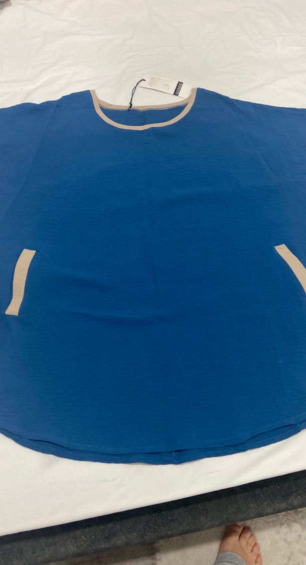 Lacivert Kısa Kollu Kadın Keten Tişört - Görsel 4