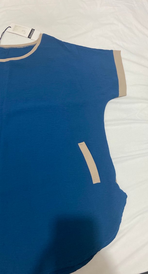 Lacivert Kısa Kollu Kadın Keten Tişört - Görsel 3