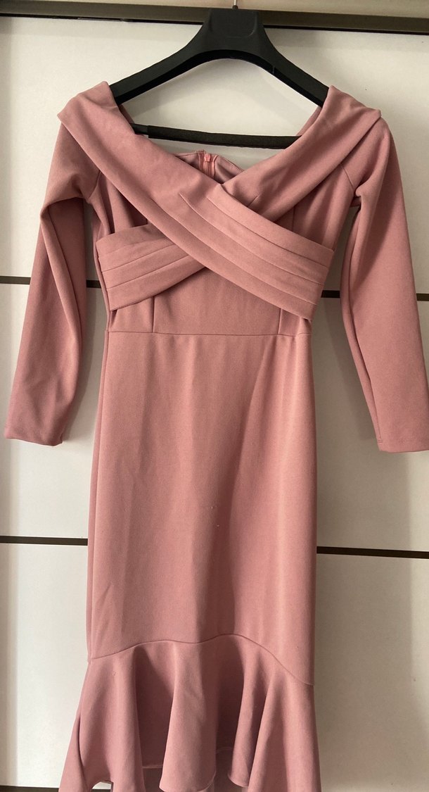 Bej Drapeli V Yaka Uzun Kollu Elbise - Görsel 2