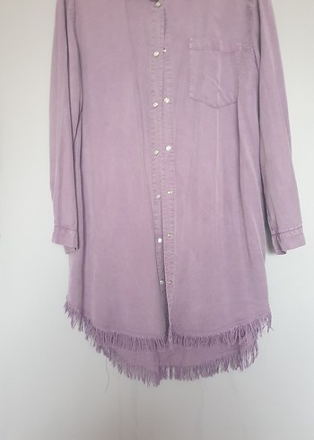 Lila Uzun Kollu Düğmeli Keten Gömlek - Görsel 2