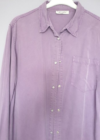 Lila Uzun Kollu Düğmeli Keten Gömlek - Görsel 3