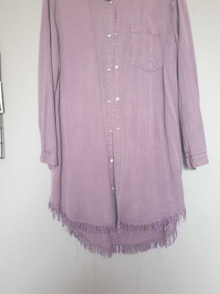 Lila Uzun Kollu Düğmeli Keten Gömlek - Görsel 2