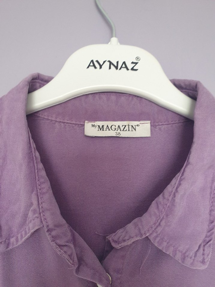 Lila Uzun Kollu Düğmeli Keten Gömlek - Görsel 4