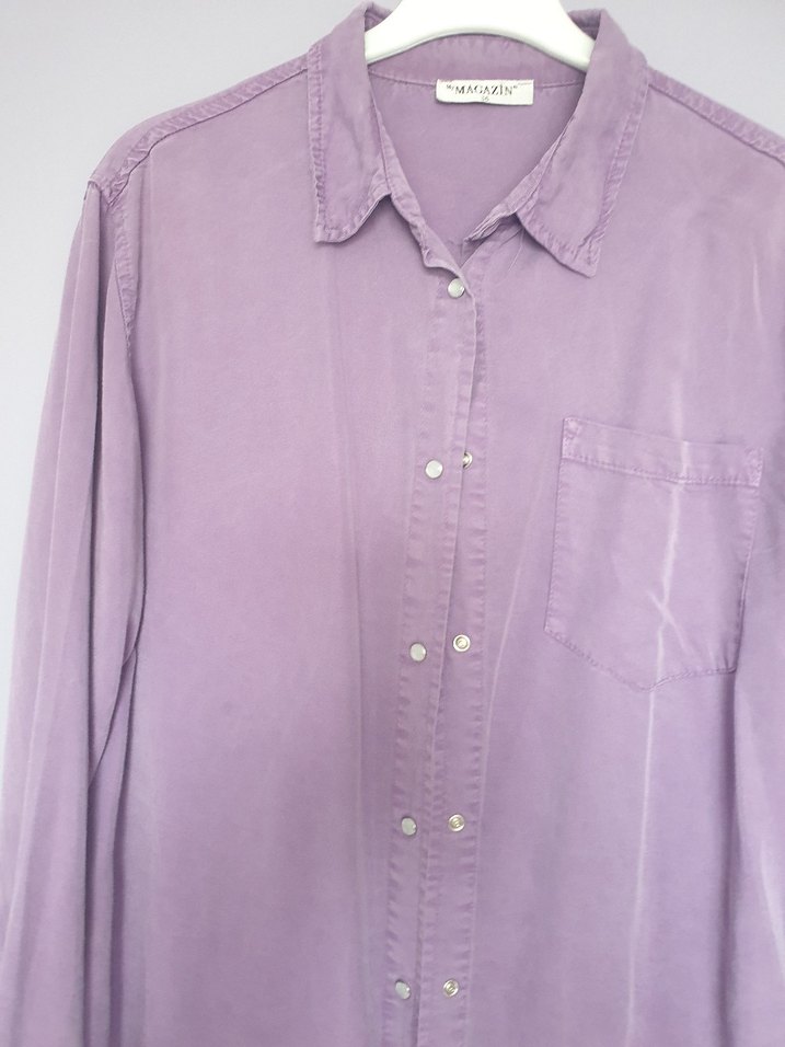 Lila Uzun Kollu Düğmeli Keten Gömlek - Görsel 3