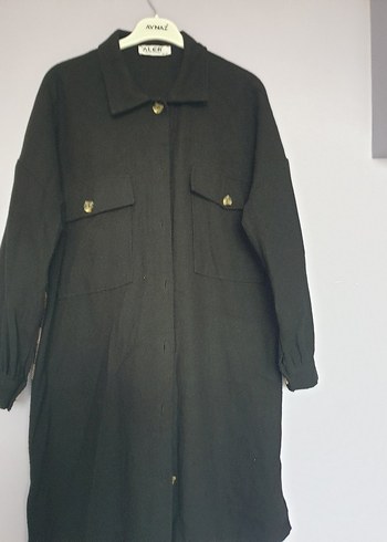 Düğmeli Siyah Uzun Keten Kadın Gömlek - Görsel 4