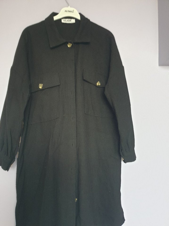 Düğmeli Siyah Uzun Keten Kadın Gömlek - Görsel 4