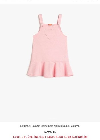 Koton Kız Bebek Pembe Kalp Aplikeli Salopet Elbise